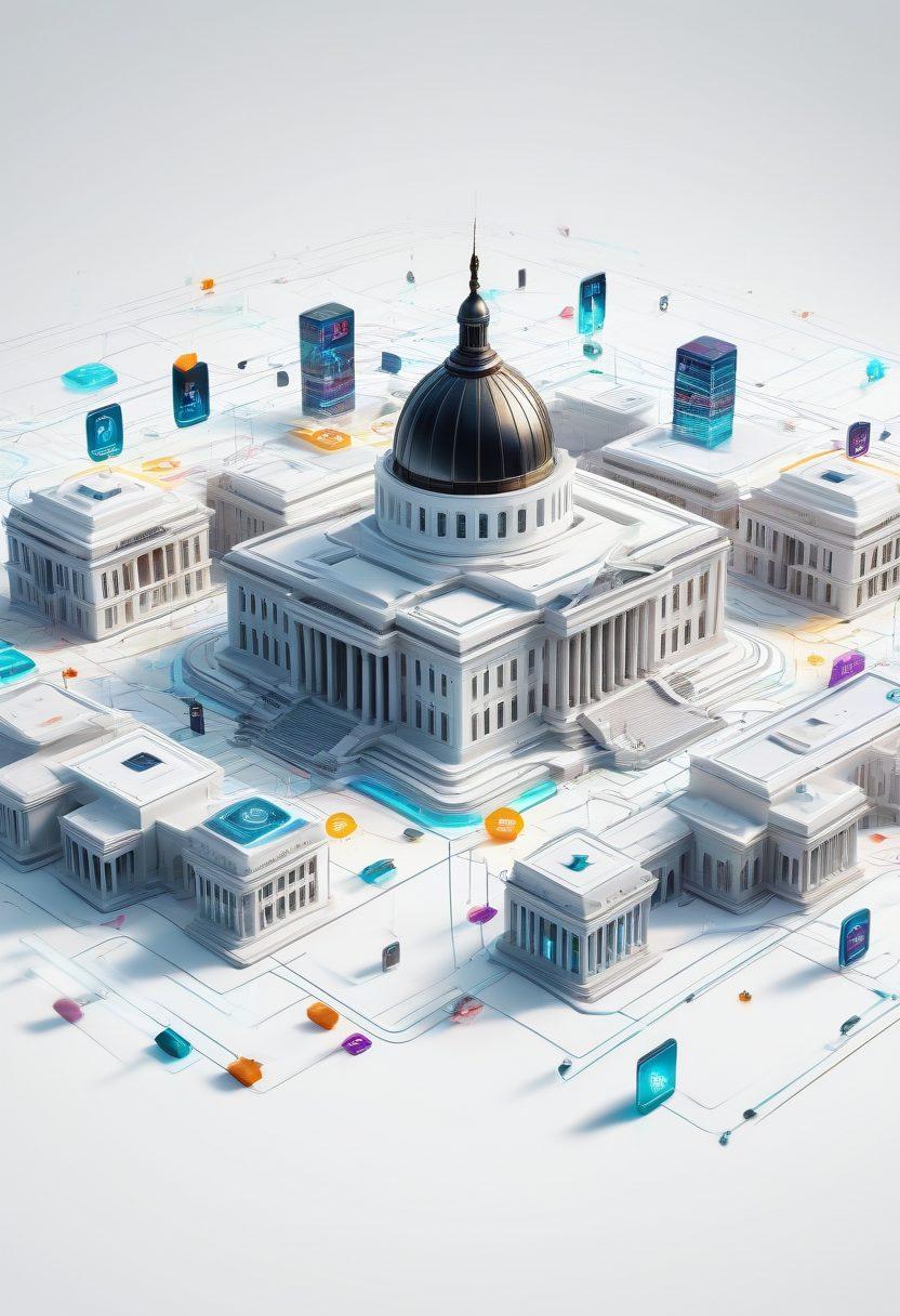An intricate and futuristic web of interconnected digital networks overlaid on a grand legislative building with tech icons and legal symbols floating in the air, symbolizing the intersection of technology and law. Illustrate with vibrant colors and dynamic energy flows. digital art. futuristic style. vibrant colors. white background.