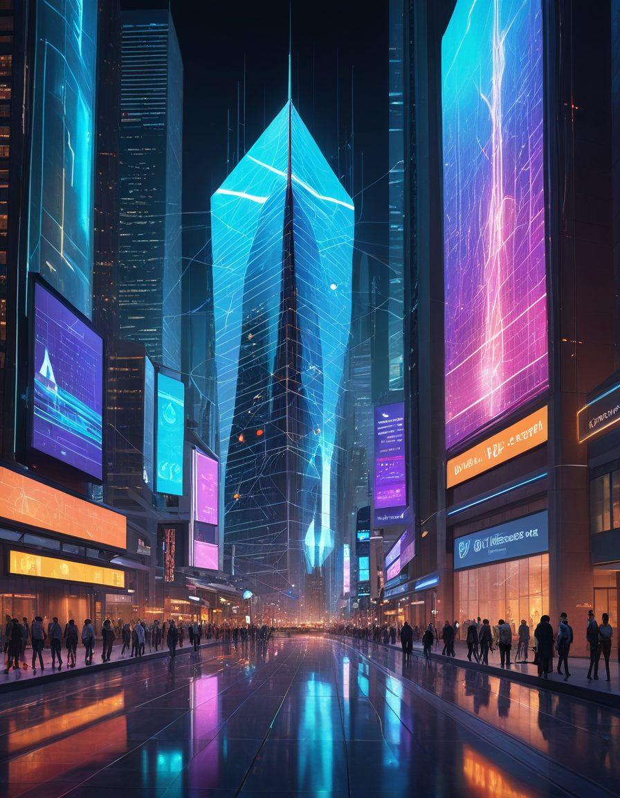 A futuristic cityscape with digital billboards and holographic screens displaying regulatory symbols, a towering courthouse in the background symbolizing authority, diverse citizens interacting with virtual interfaces, interconnected by a glowing web of communication lines representing the internet. super-realistic. vibrant colors.