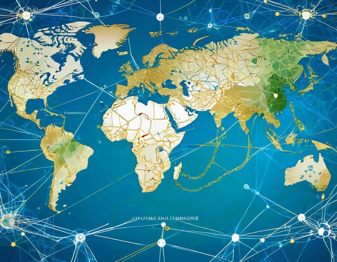 A dynamic world map with digital networks connecting various countries, symbolizing global internet connectivity. Scattered around the map are icons representing legislation—like gavels, scales of justice, and documents—interacting with the digital lines. Use shades of blue, green, and hints of gold to represent the digital and legal realms. vibrant colors. white background.